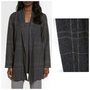 Eileen Fisher Windowpane Wool Blend Flannel Kimono Jacket Cardigan Dark Ash M